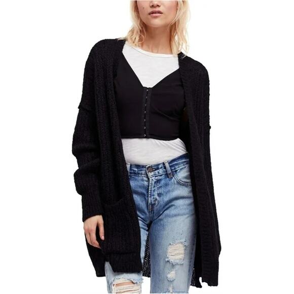 Free People Weekend Getaway Open Front Cardigan Sweater Black Women's Size M - Picture 1 of 5